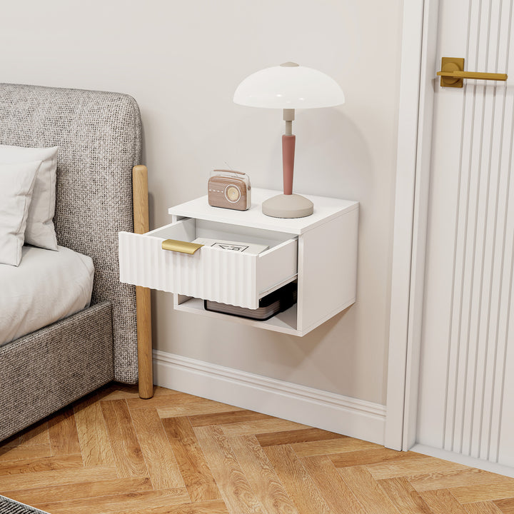 MCL Floating Nightstands Set of 2, Modern Wall Mounted Bedside Tables with Fluted Drawer and Open Shelf for Bedroom, White