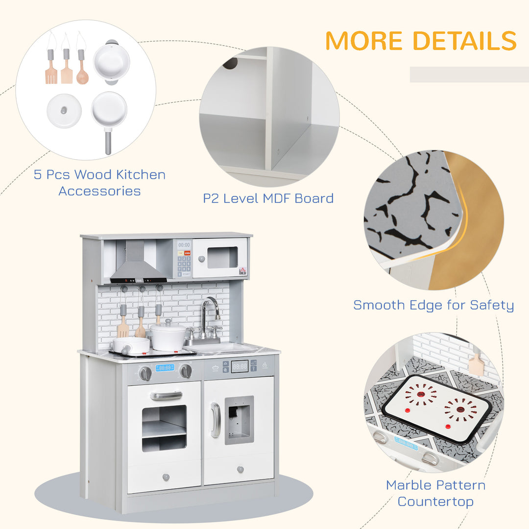 Kids Wooden Toy Kitchen Pretend Play Cooking Playset w/ Sound & Light Effect, Battery Operated Cooktop, Ice Machine, Marble Pattern Countertop, for 3-6 Years Old