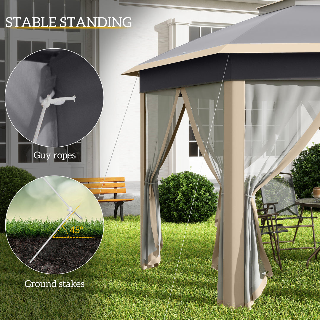 Hexagon Pop Up Gazebo Outdoor Patio Gazebo Double Roof Instant Shelter with Netting, 3 x 4m, Khaki