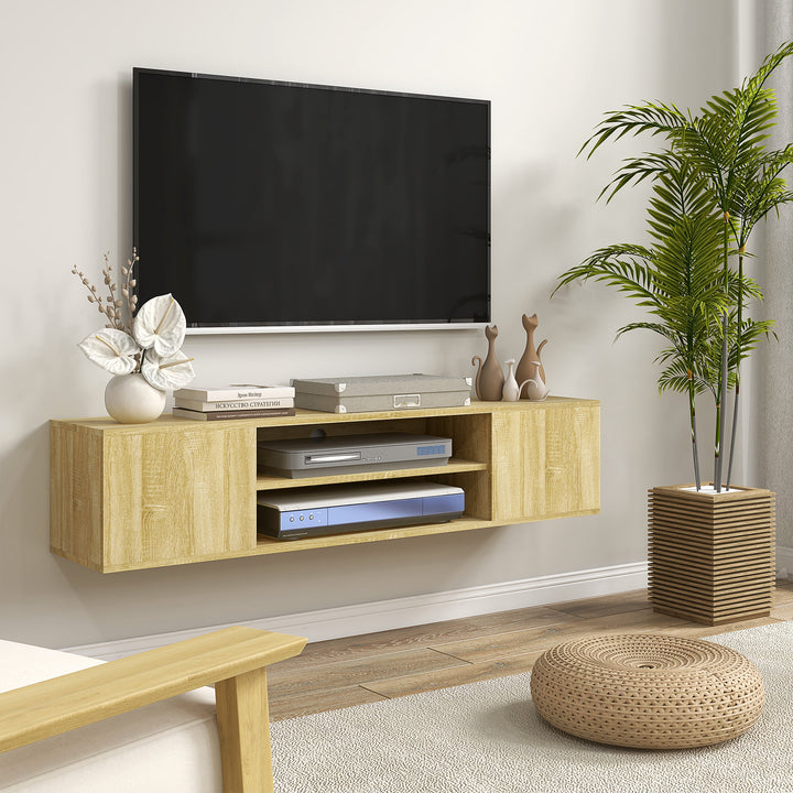 HOMCOM Floating TV Stand Cabinet for TVs up to 60 Inch, Media Entertainment Center with Open Shelf, Storage Cupboard, Natural Wood Effect | Aosom UK