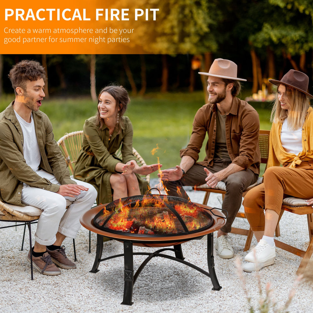 Outsunny Metal Large Firepit Bowl Outdoor Round Fire Pit w/ Lid, Log Grate, Poker for Backyard, Camping, Picnic, Bonfire, 76 x 76 x 49.5cm, Bronze