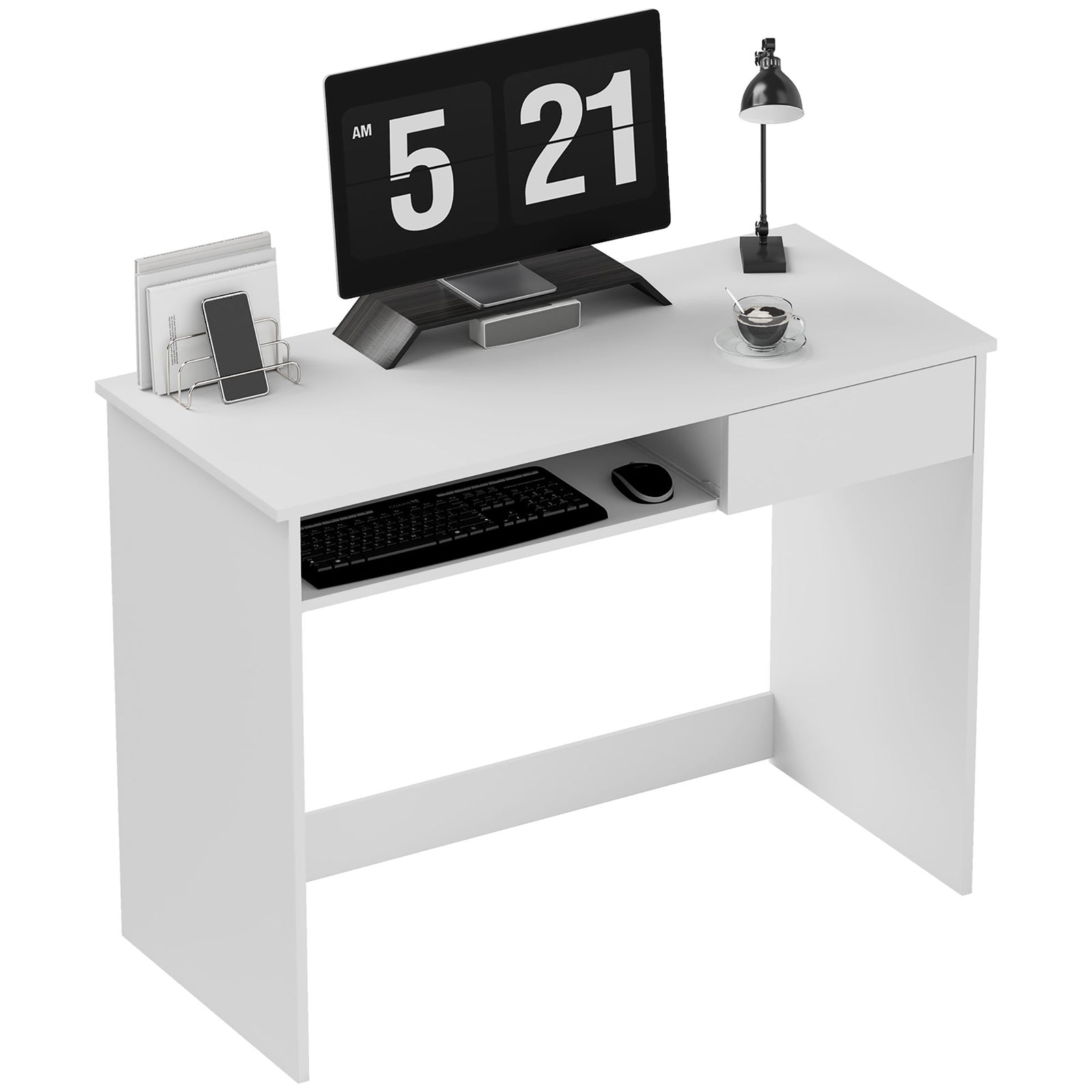 100cm Compact Computer Desk with Keyboard Tray, Home Office Desk with Drawer for Bedroom Study, White