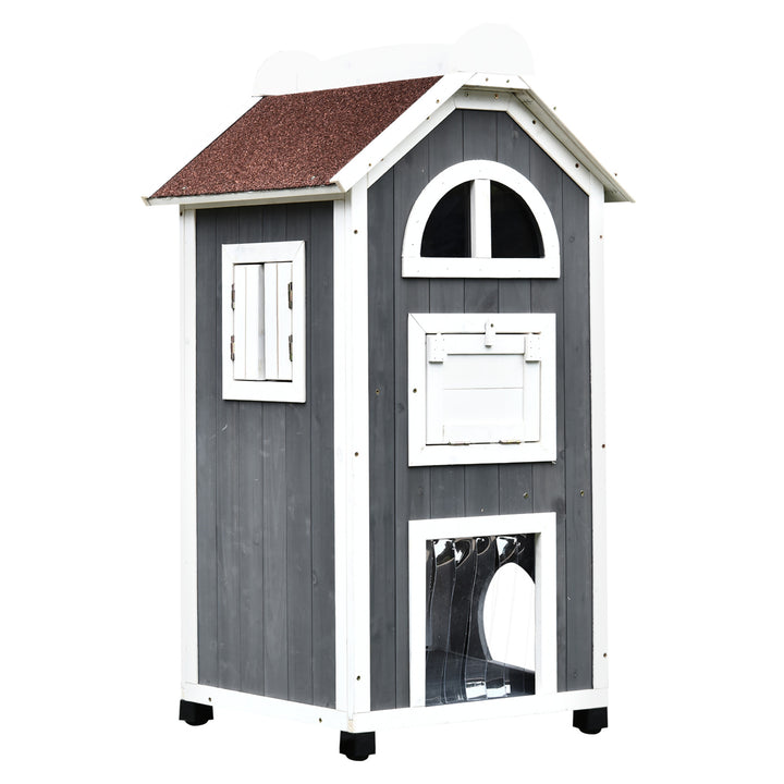 PawHut Wooden Cat House, Weatherproof Pet Shelter, Outdoor Cat Condos Cave, 2 Floor Furniture, Grey and White | Aosom UK