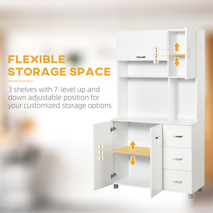 MCL Kitchen Cupboard, 183cm Tall Storage Cabinet with Countertop, Sideboard with 3 Small Drawers, Flip Up Top Door, 3 Cabinet Doors and Open Shelves, 100W x 39.5D x 183.5H cm, White