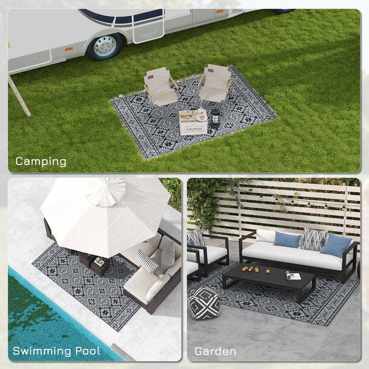 182 x 274cm Reversible Patterned Outdoor Rug, with Bag - Black/Grey
