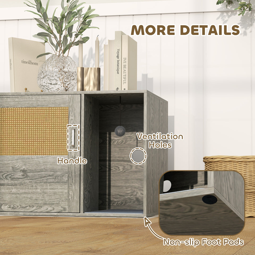 Cat Litter Box Enclosure with Rattan Door, Scratching Mat, Toy Ball, Non-Slip Foot Pads, Grey