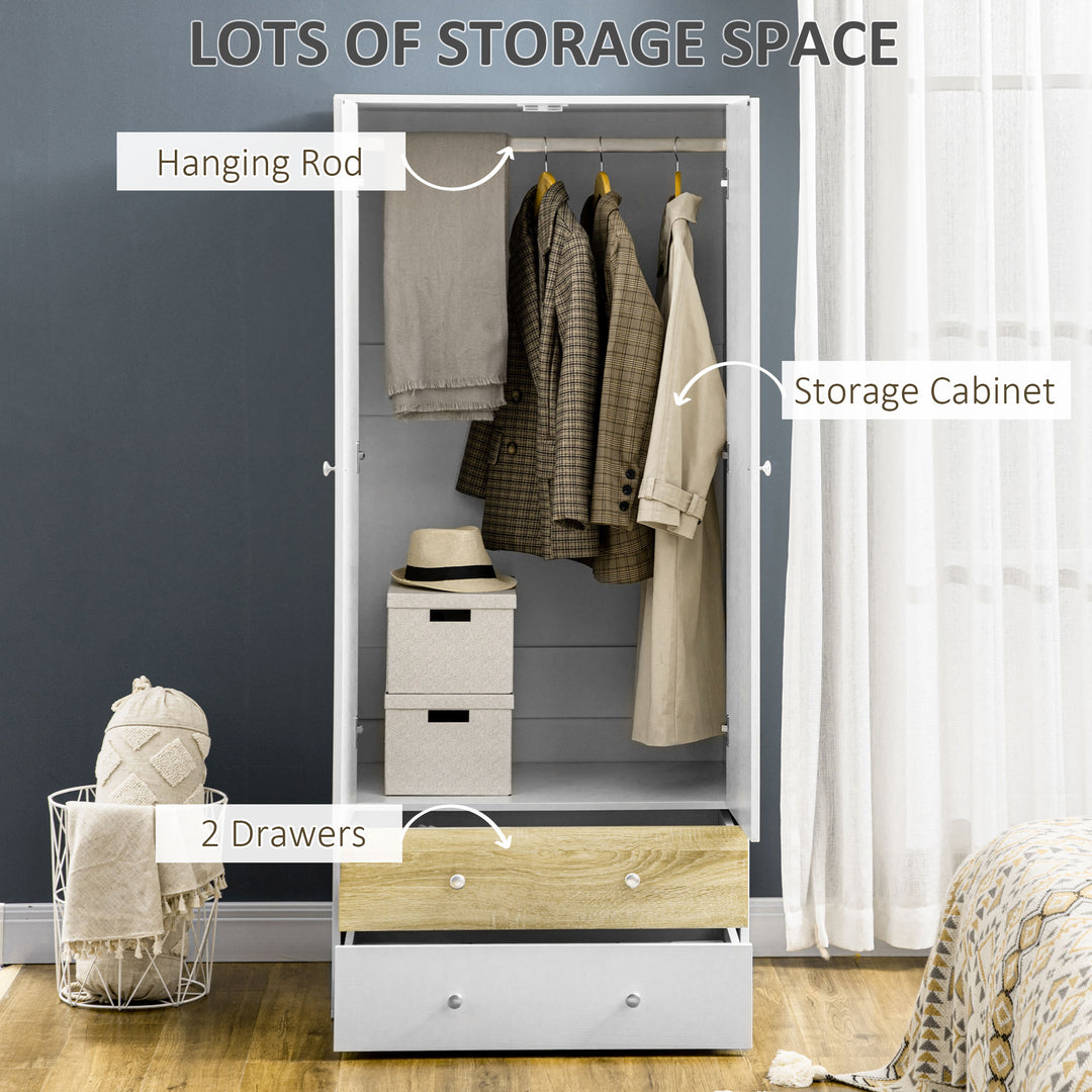 MCL 2-Door Wardrobe with 2 Drawers, Hanging Rod and Anti-tipping Straps for Bedroom Clothes Storage Organisation, White
