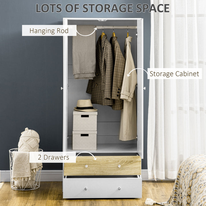 MCL 2-Door Wardrobe with 2 Drawers, Hanging Rod and Anti-tipping Straps for Bedroom Clothes Storage Organisation, White