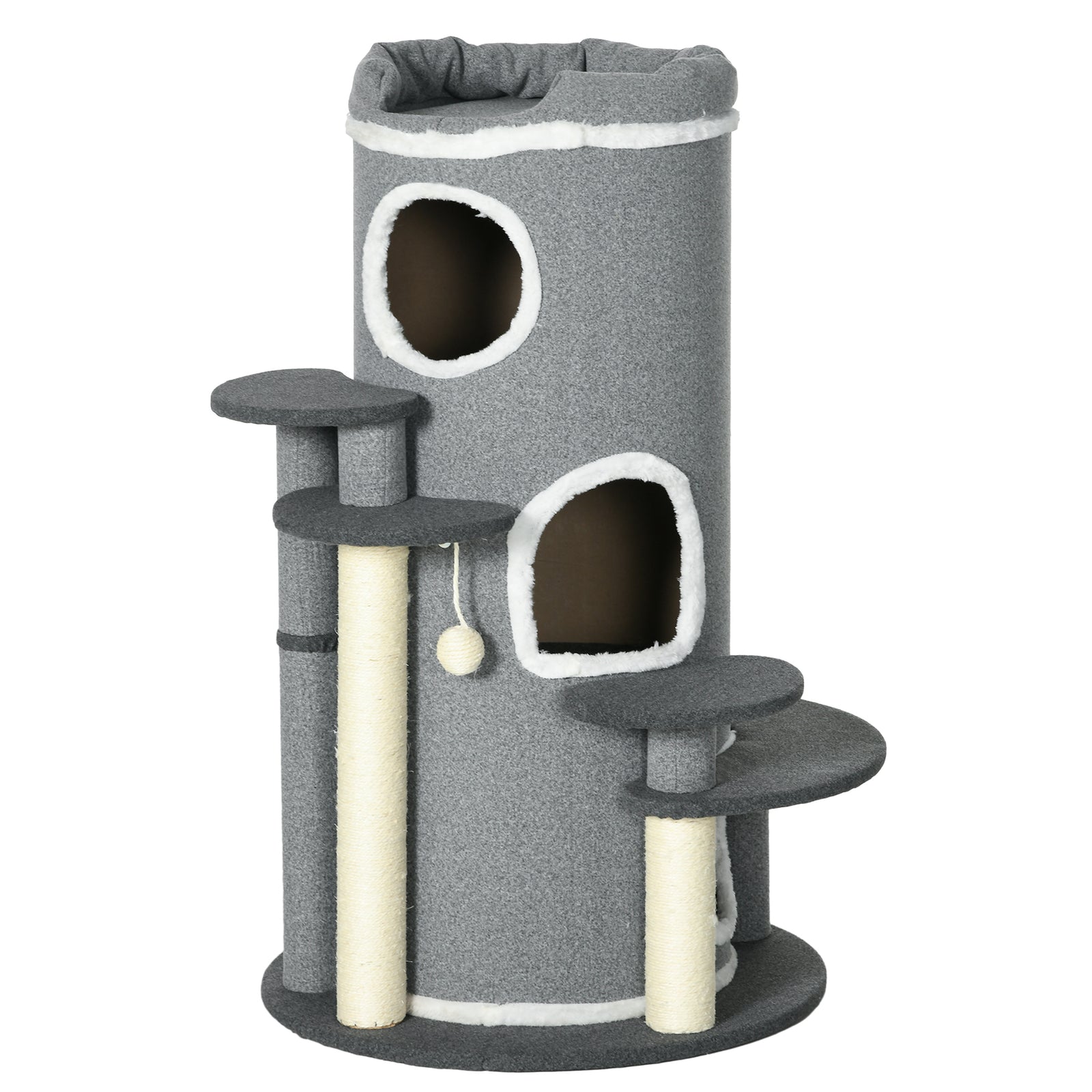 Barrel Shaped Cat Tree with Sisal Scratching Posts, Cat Bed, Platforms, Hanging Ball, Grey, Grey