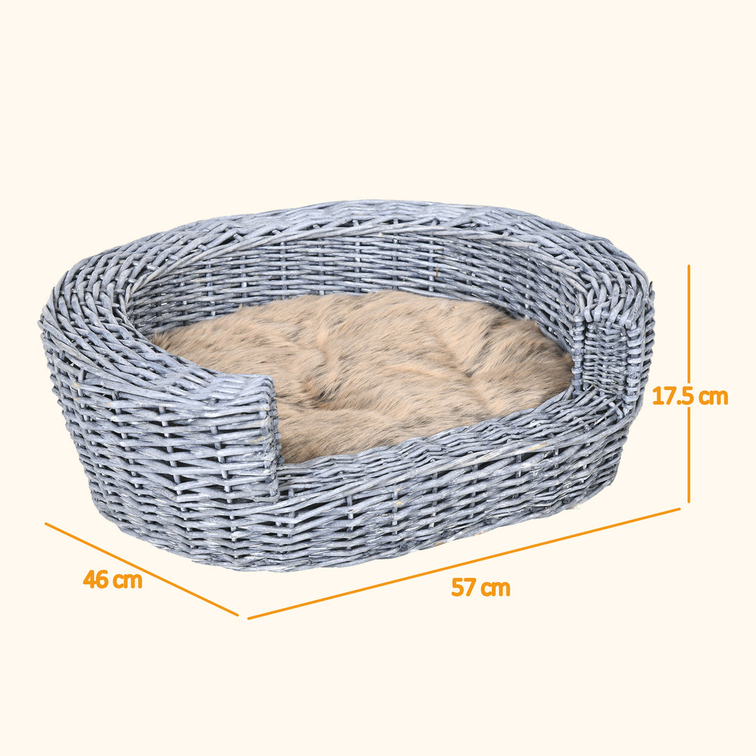 Wicker Pet Bed Willow Dog Cat Sofa Couch Puppy Basket with Cushion Grey 57L x 46W x 17.5H cm