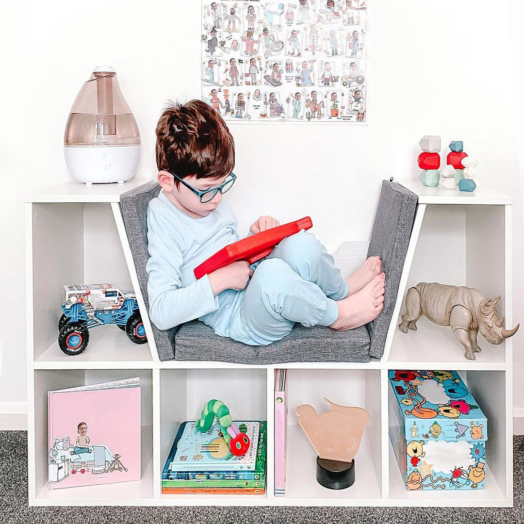 MCL Bookcase Storage Shelf with Cushioned Reading Seat, Cube Bookshelf Organizer for Bedroom Living Room, White