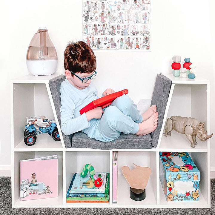 MCL Bookcase Storage Shelf with Cushioned Reading Seat, Cube Bookshelf Organizer for Bedroom Living Room, White