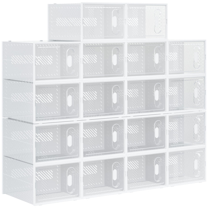 HOMCOM Stackable Clear Shoe Storage Box, 18PCS, Plastic with Magnetic Door, for Sizes up to UK 12/EU 46, Transparent | Aosom UK