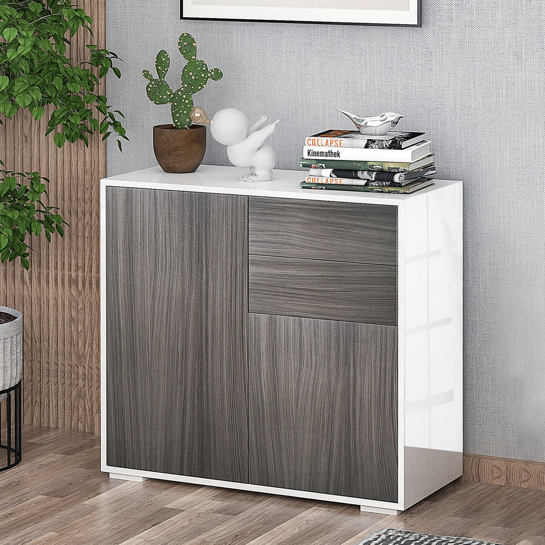 HOMCOM Contemporary Freestanding Kitchen Cabinet, Push-Open, 2 Drawer, 2 Door, Light Grey and White | Aosom UK