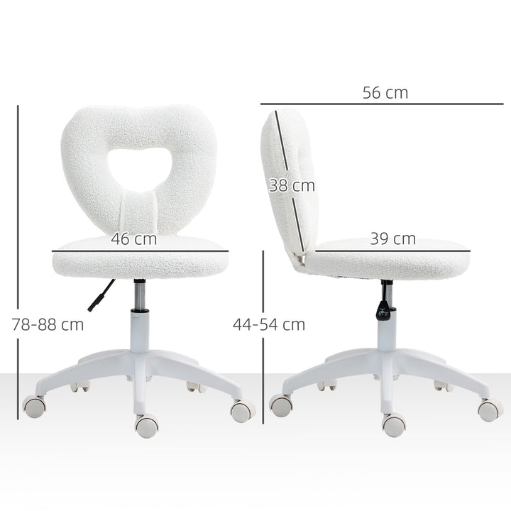 Armless Heart Computer Desk Chair, Teddy Fleece Swivel Office Chair, Makeup Vanity Chair with Height Adjustable, Wheels, for Home Study Bedroom, White