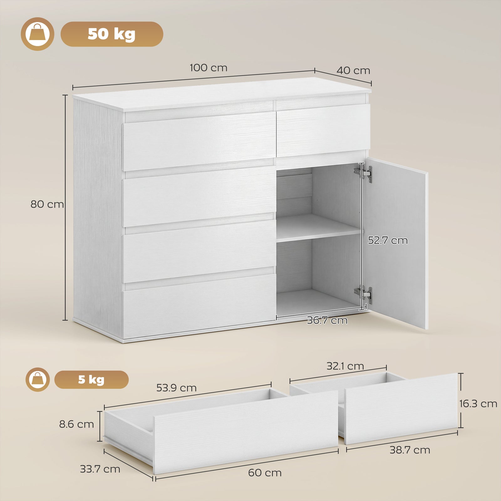 Modern Chest Of Drawers, 5 Drawer Dresser with Adjustable Shelf, Soft-