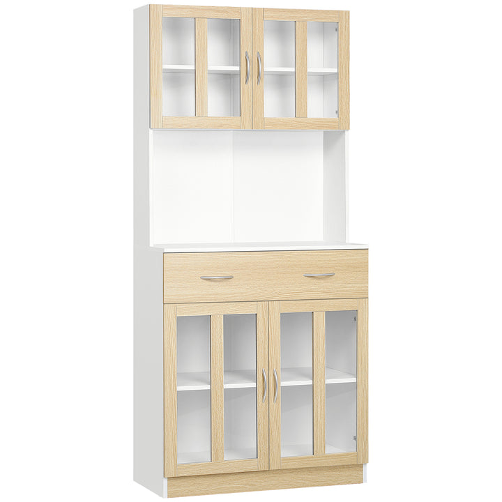 Modern Kitchen Cupboard, Freestanding Storage Cabinet Hutch with Central Drawer, 2 Glass Door Cabinets and Countertop, 180cm