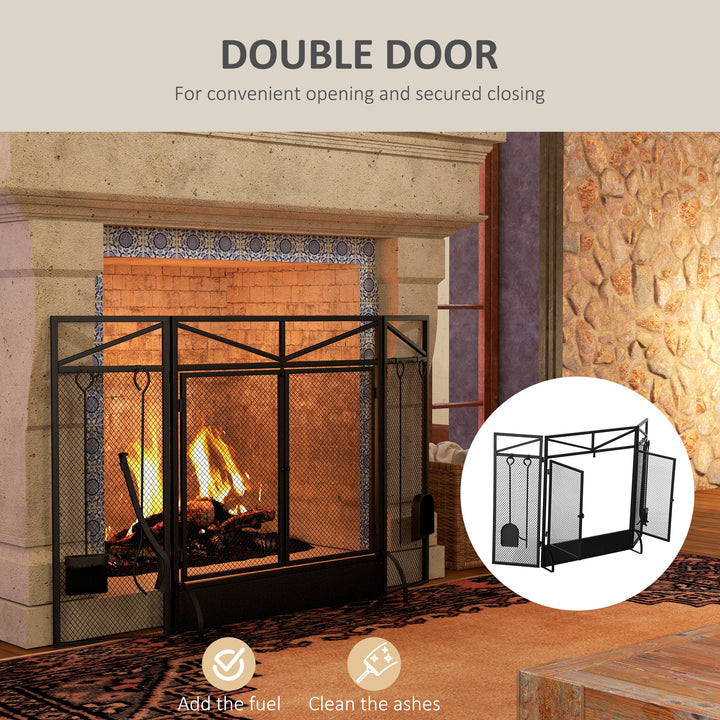 3 Panel Folding Fire Guard Screen with Fireplace Tool Sets and Front Doors, Freestanding Fire Screen Spark Guard with Feet for Open Fire, Log Burner, Fireplace, 122 x77 cm, Black