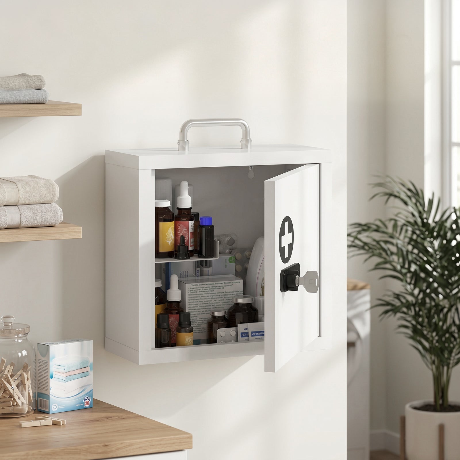 Wall Mount Medicine Cabinet with Combination and Key Lock, 2 Tier Stai