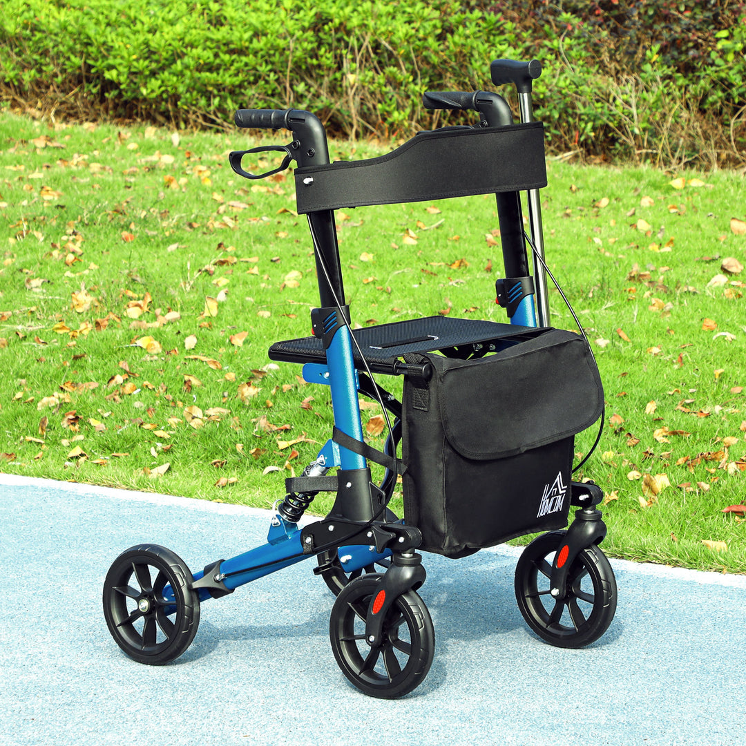 Folding Rollator Walker with Seat, Backrest, Lightweight Walking Frame with Storage Bag, Dual Brakes, Adjustable Handle Height, Suspension System, 4 Wheeled Walker for Seniors, Blue