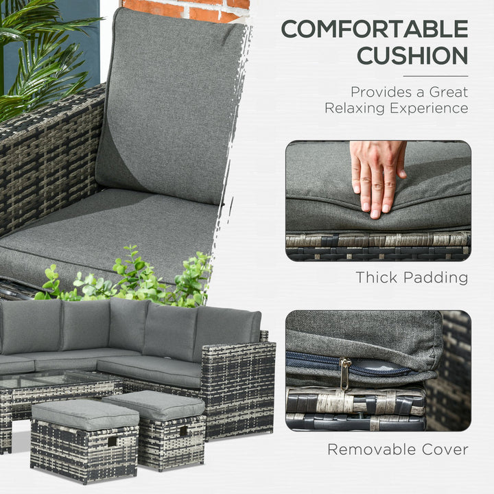 6 Piece Rattan Garden Furniture Set, 8-Seater Outdoor Sofa Sectional with 3 Cushioned Loveseat 2 Footstools Table Grey