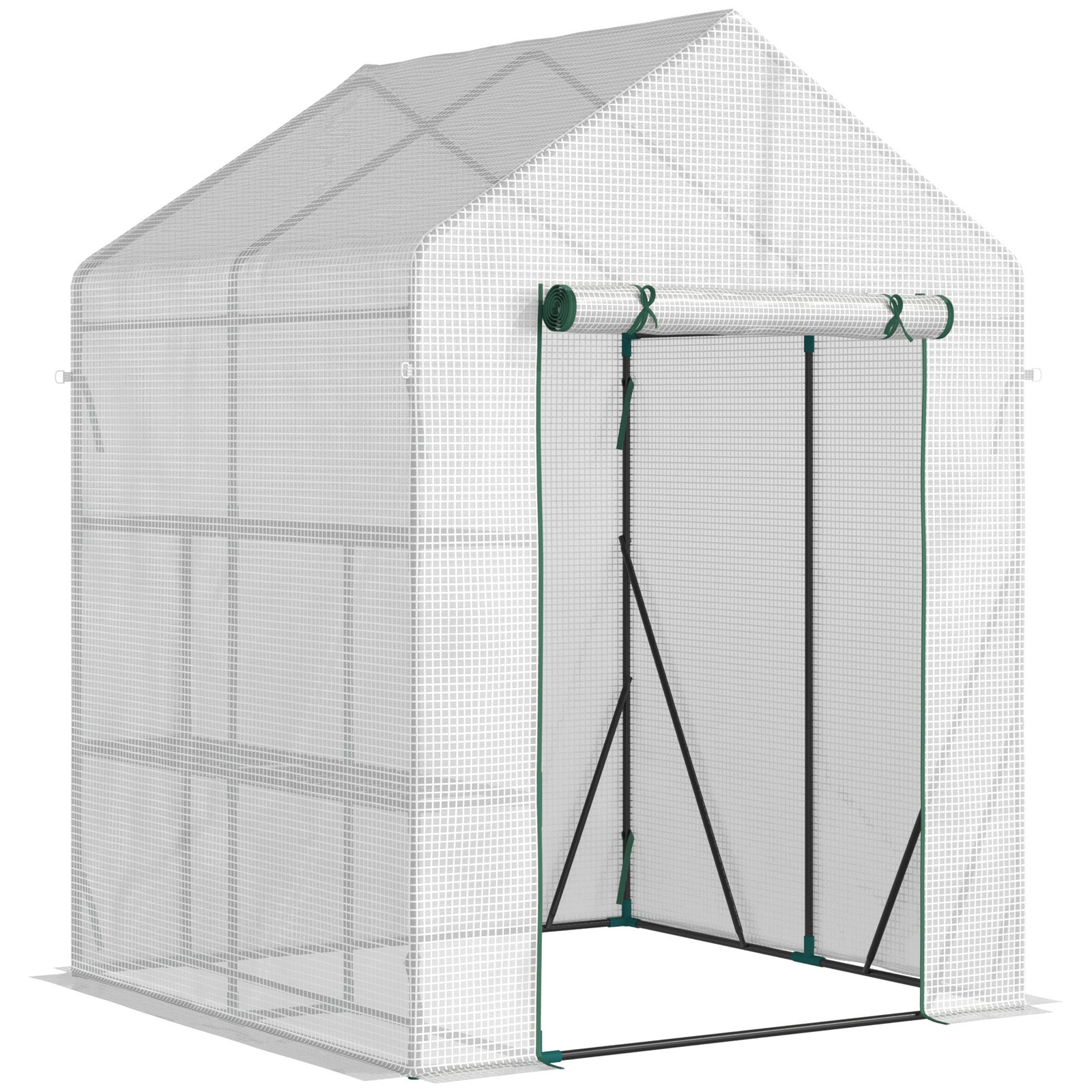 Walk In Greenhouse with 2 Tier Shelf, Portable Gardening Plant Grow House Tomato Greenhouse with Roll up Zip Panel Door, Reinforced PE Cover, 143 x 143 x 195cm, Green