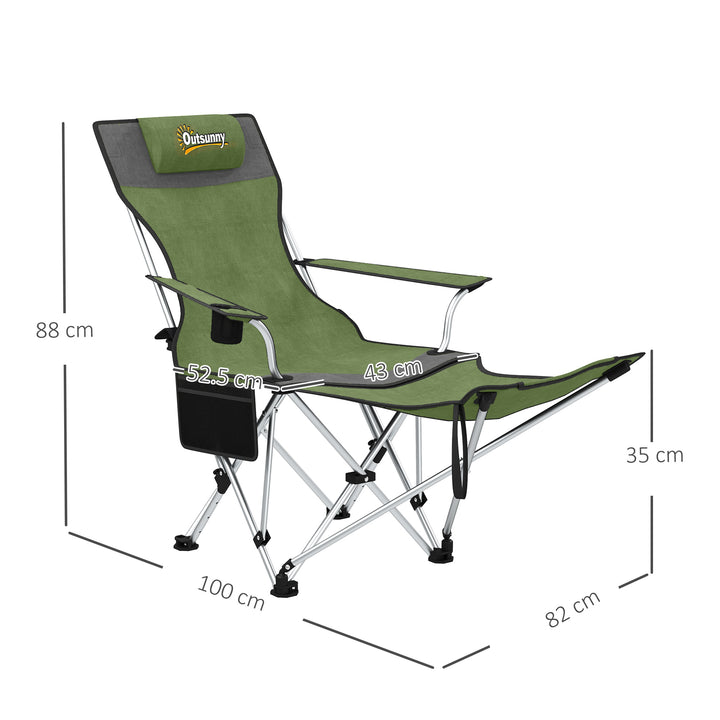 Set of 2 Reclining Folding Camping Chair w/ Detachable Footrest, Storage Bag, Cup Holder & Headrest, Lightweight Portable Camp Chair for Beach, Picnic, Olive Green and Grey
