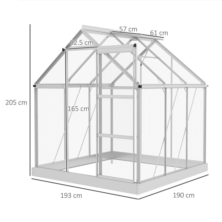 6 x 6ft Walk-In Greenhouse, Polycarbonate Greenhouse with Sliding Door, Window, Aluminium Frame, Foundation, Silver