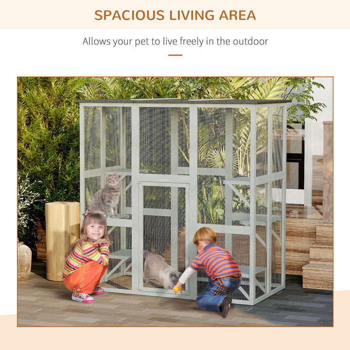 Wooden Catio Cat Outdoor Enclosure, Cat Cage with Waterproof Roof, Platforms, for Multiple Kittens, 180 x 98 x 180 cm