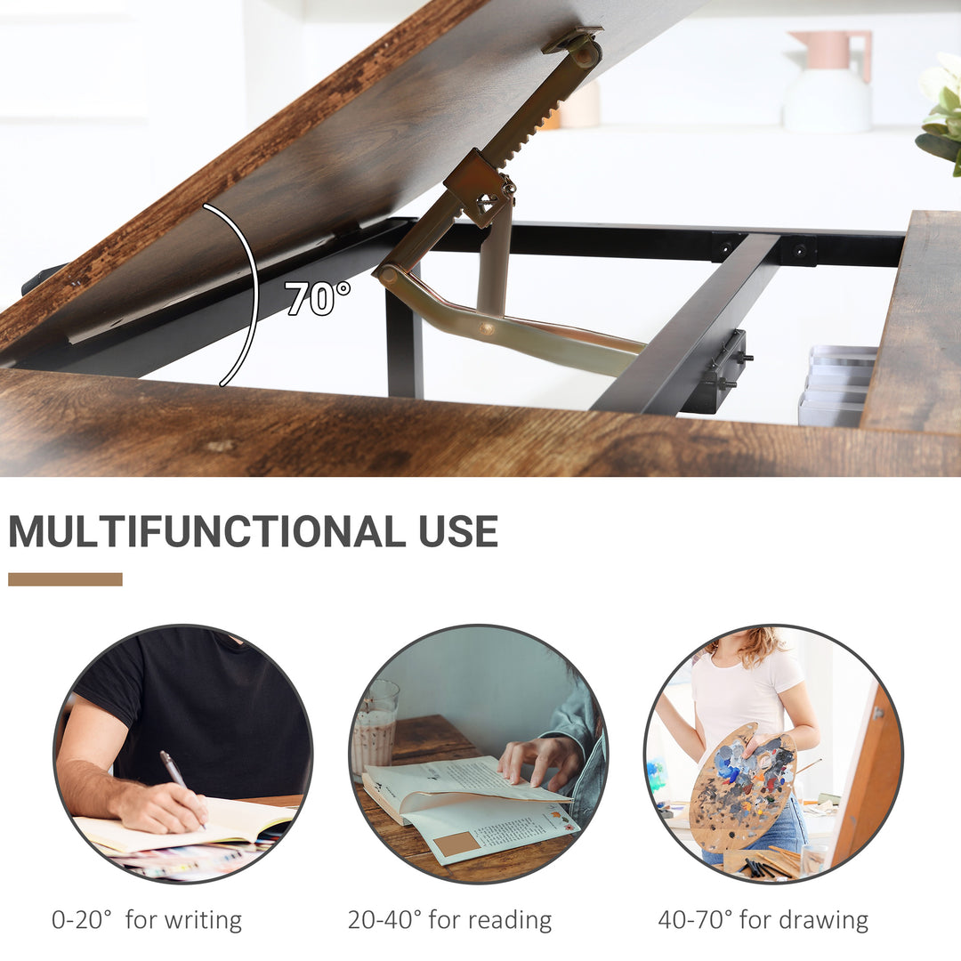 Adjustable Drafting Table Art Desk Drawing Table, Craft Desk Workstation for Painting, Multifunctional Writing Desk w/ 15-Level Tiltable Tabletop and Storage Shelf, Home Office, Rustic Brown
