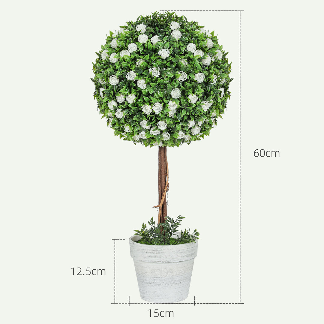 Set of 2 Decorative Artificial Plants, Ball Topiary Tree with Rose Flower in Pot, Fake Plants for Home Indoor Outdoor Decor, 60cm, White