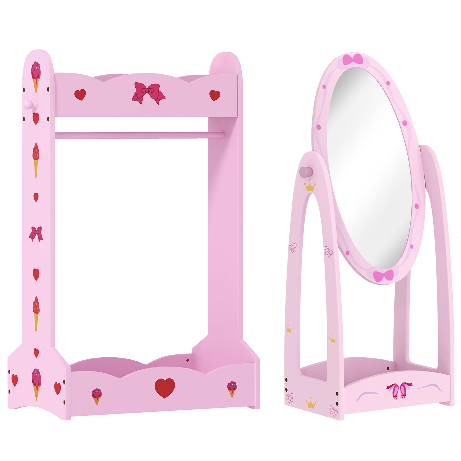 AIYAPLAY Kids Clothes Rail, Kids Dressing Mirror with 360° Rotating, 2 Piece Kids Furniture Set with Storage Shelves, Pink
