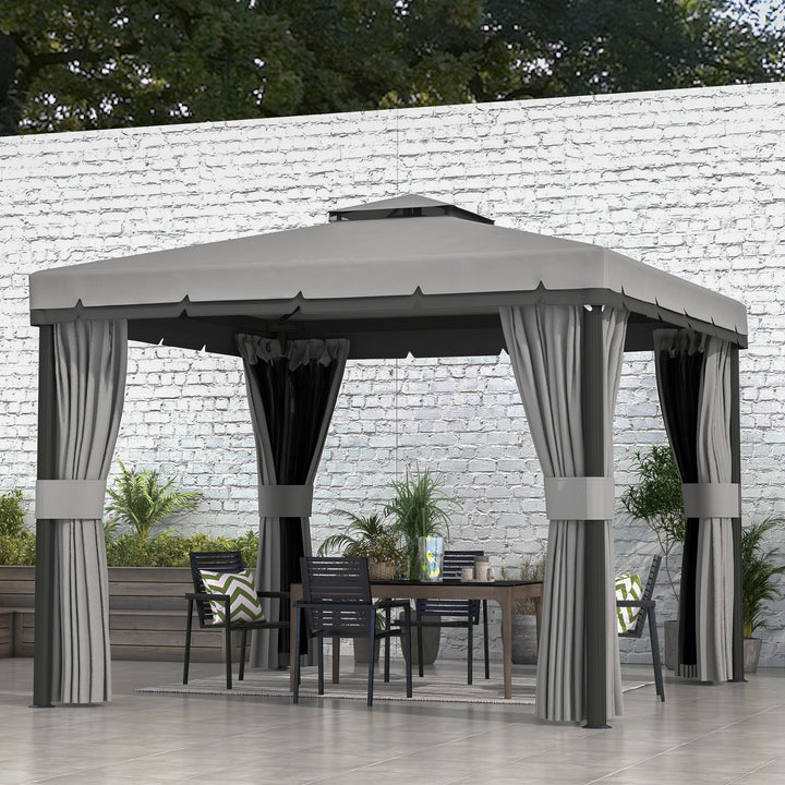 Outsunny 3 x 3(m) Patio Gazebo Canopy Garden Pavilion Tent Shelter Marquee with 2 Tier Roof, Netting and Curtains, Light Grey