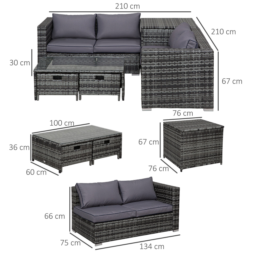 4 Pcs Rattan Wicker Garden Furniture Patio Sofa Storage & Table Set w/ 2 Drawers Coffee Table,Great Cushioned 4 Seats Corner Sofa - Grey