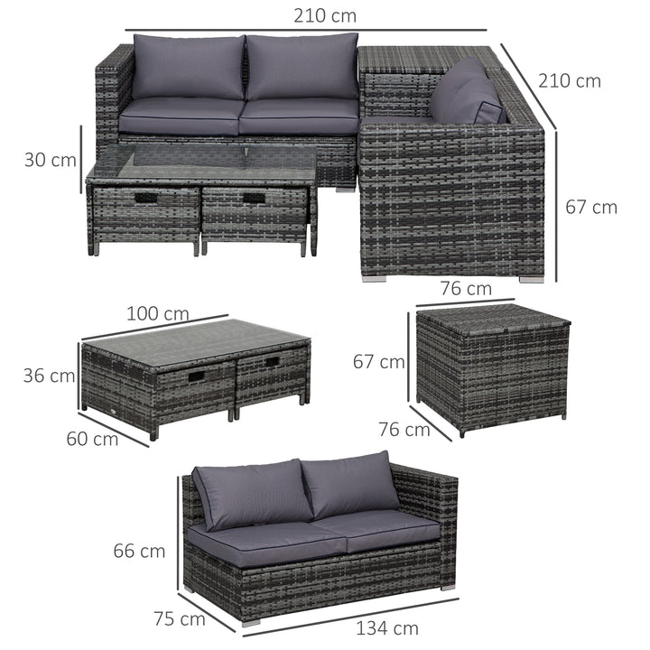 4 Pcs Rattan Wicker Garden Furniture Patio Sofa Storage & Table Set w/ 2 Drawers Coffee Table,Great Cushioned 4 Seats Corner Sofa - Grey