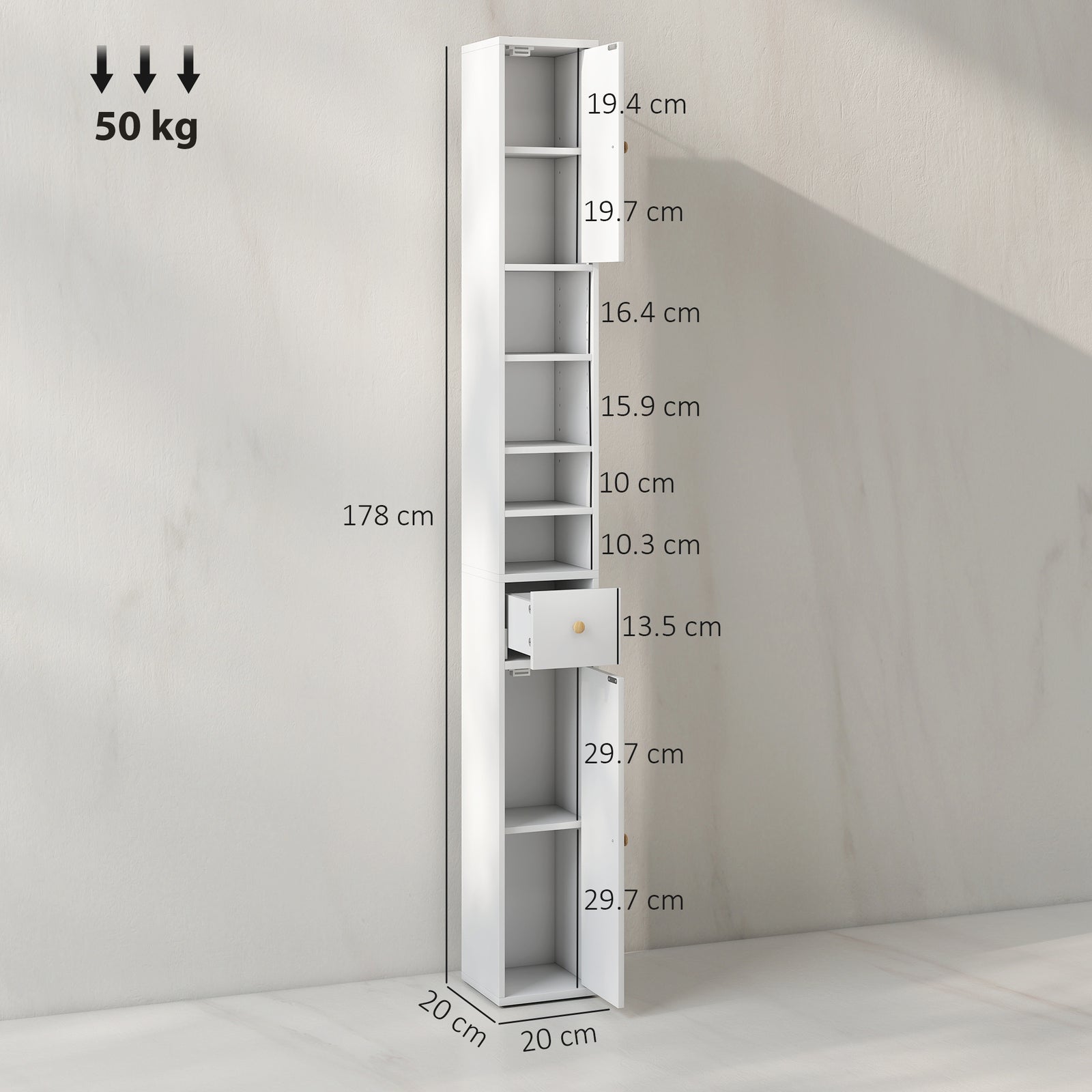 178 cm Narrow Tall Bathroom Cabinet - White
