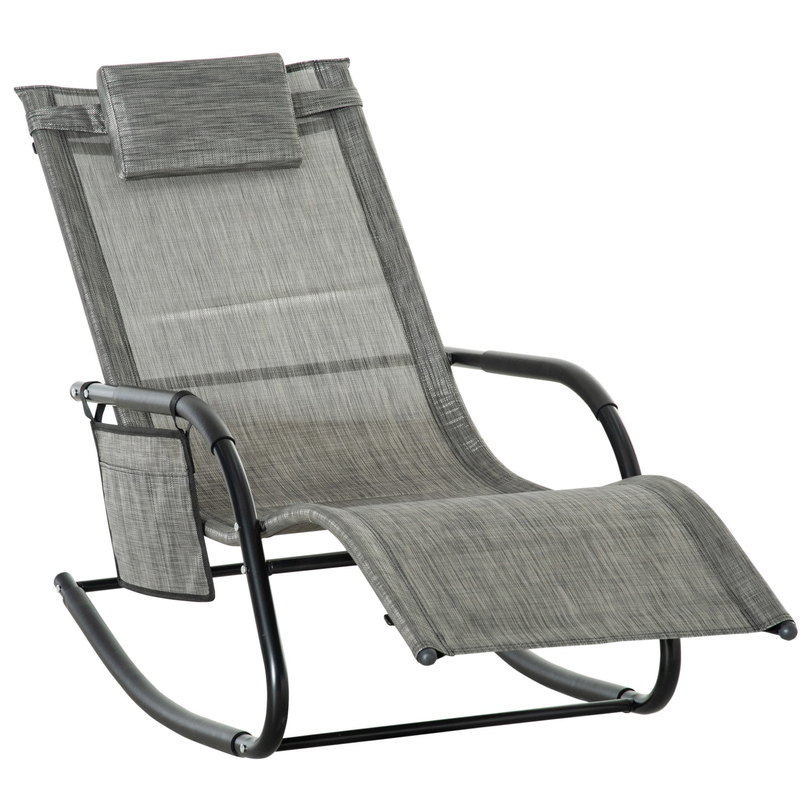 Outdoor Garden Rocking Chair, Patio Sun Lounger Rocker Chair with Breathable Mesh Fabric, Removable Headrest Pillow, Armrest, Side Storage Bag, Dark Grey
