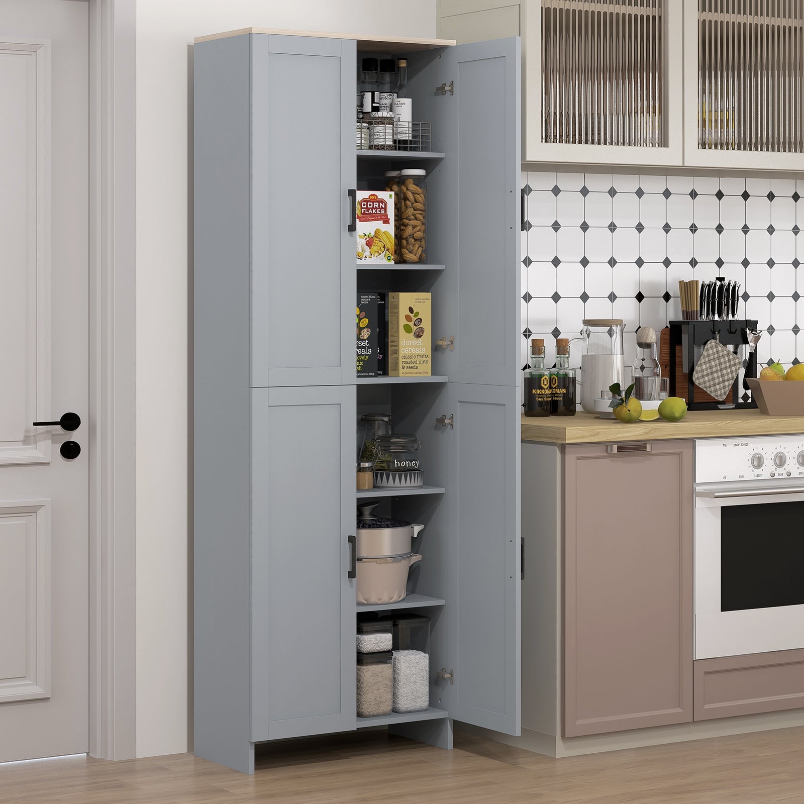 Freestanding Kitchen Cupboard, 4-Door Storage Cabinet with Adjustable Shelves, Modern Kitchen Pantry for Dining Room, 170cm, Grey