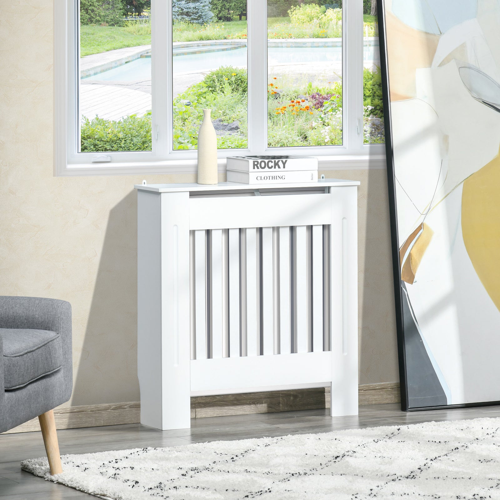 Slatted Radiator Cover Painted Cabinet MDF Lined Grill in White (78L x 19W x 81H cm)