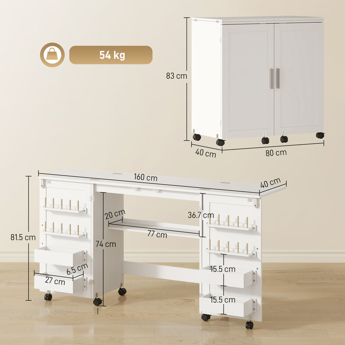Folding Sewing Table with 2 Magnetic Doors, Storage Shelf, Lockable Wh