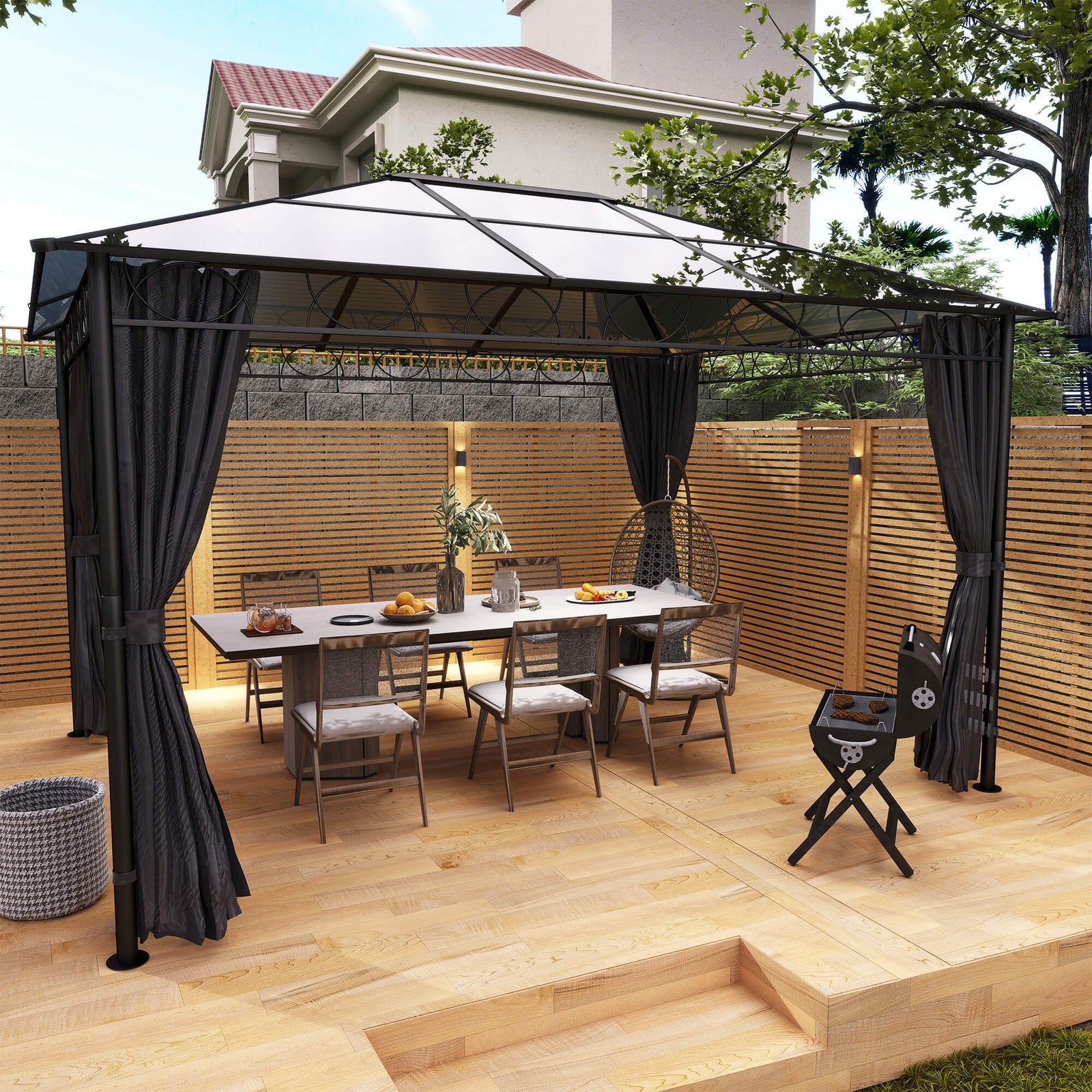 3 x 3(m) Hardtop Gazebo Canopy with Polycarbonate Roof, Permanent Pavilion Garden Gazebo with Curtains for Patio, Deck, Grey