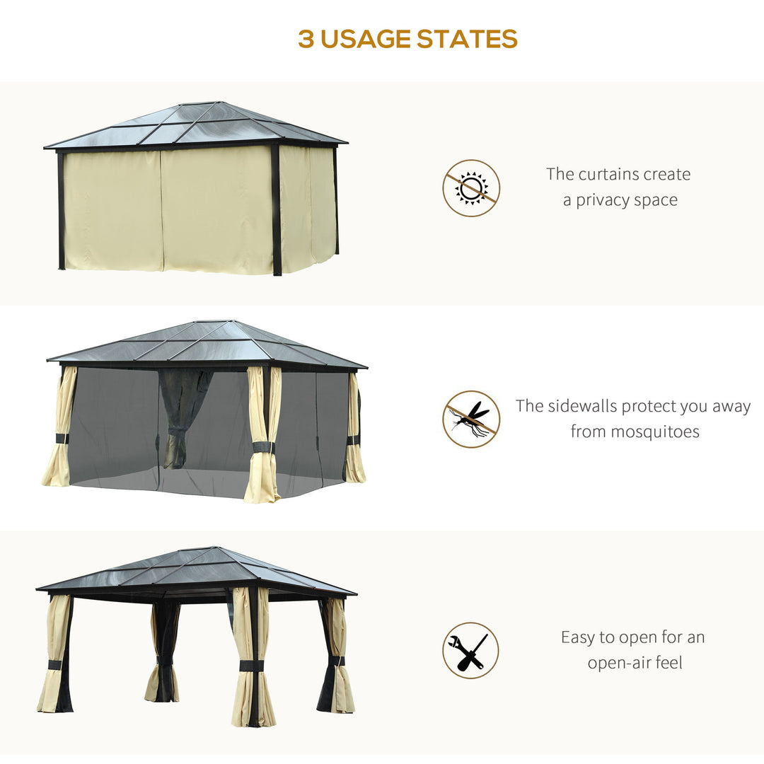 MCL 3.6 x 4m Hardtop Gazebo Canopy with Polycarbonate Roof and Aluminium Frame, Garden Pavilion with Mosquito Netting and Curtains