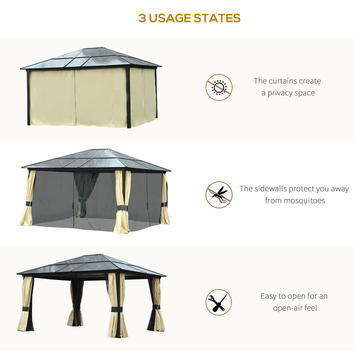 MCL 3.6 x 4m Hardtop Gazebo Canopy with Polycarbonate Roof and Aluminium Frame, Garden Pavilion with Mosquito Netting and Curtains
