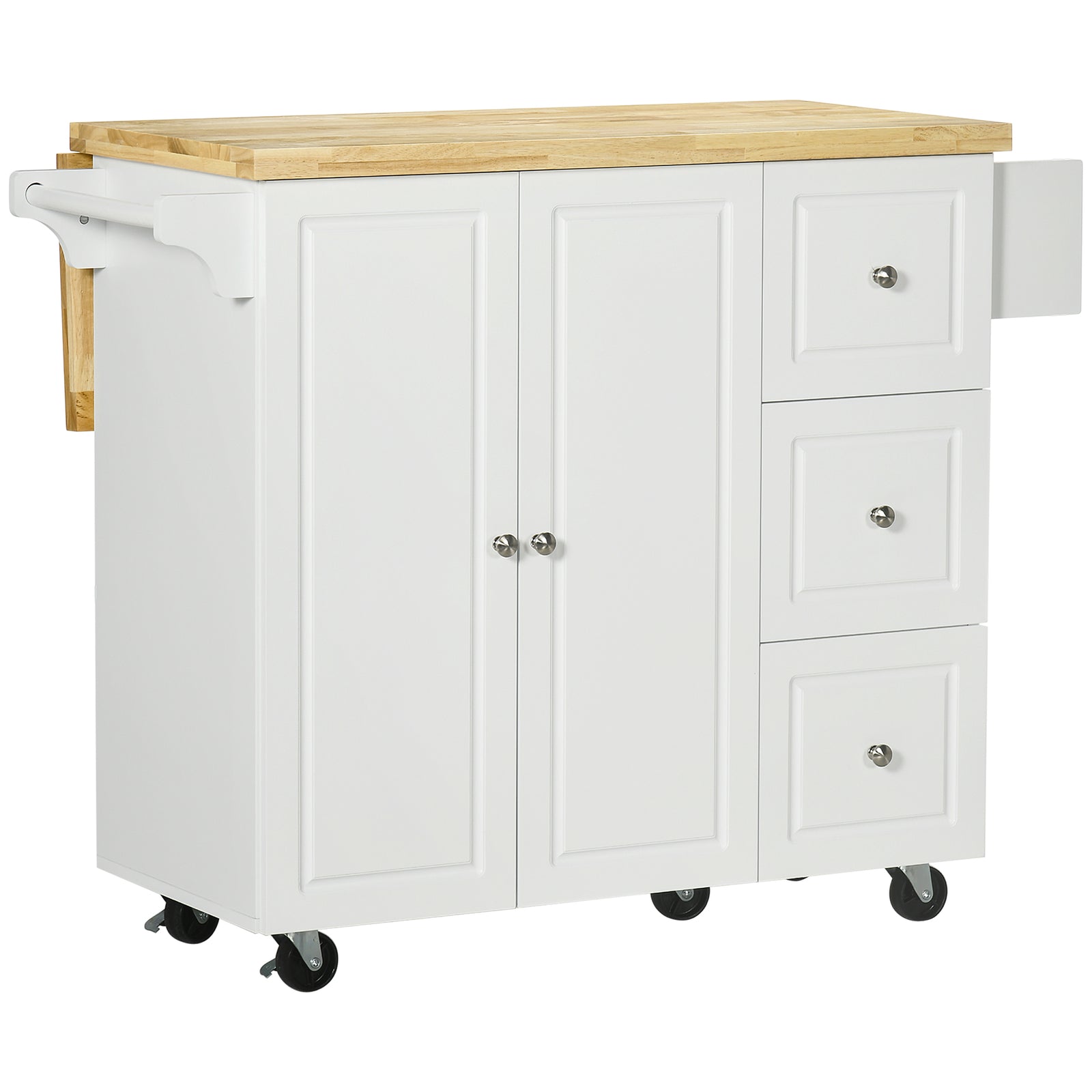 Drop-Leaf Kitchen Island on Wheels with Extendable Rubber Wood Worktop, Rolling Kitchen Storage Trolley, Utility Storage Cart with Drawers & Cabinet for Kitchen, Dining & Living Room, White