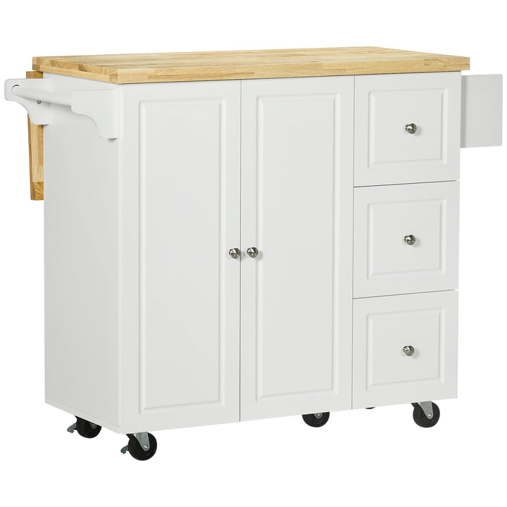 MCL Drop-Leaf Kitchen Island on Wheels with Extendable Rubber Wood Worktop, Rolling Kitchen Storage Trolley, Utility Storage Cart with Drawers & Cabinet for Kitchen, Dining & Living Room, White