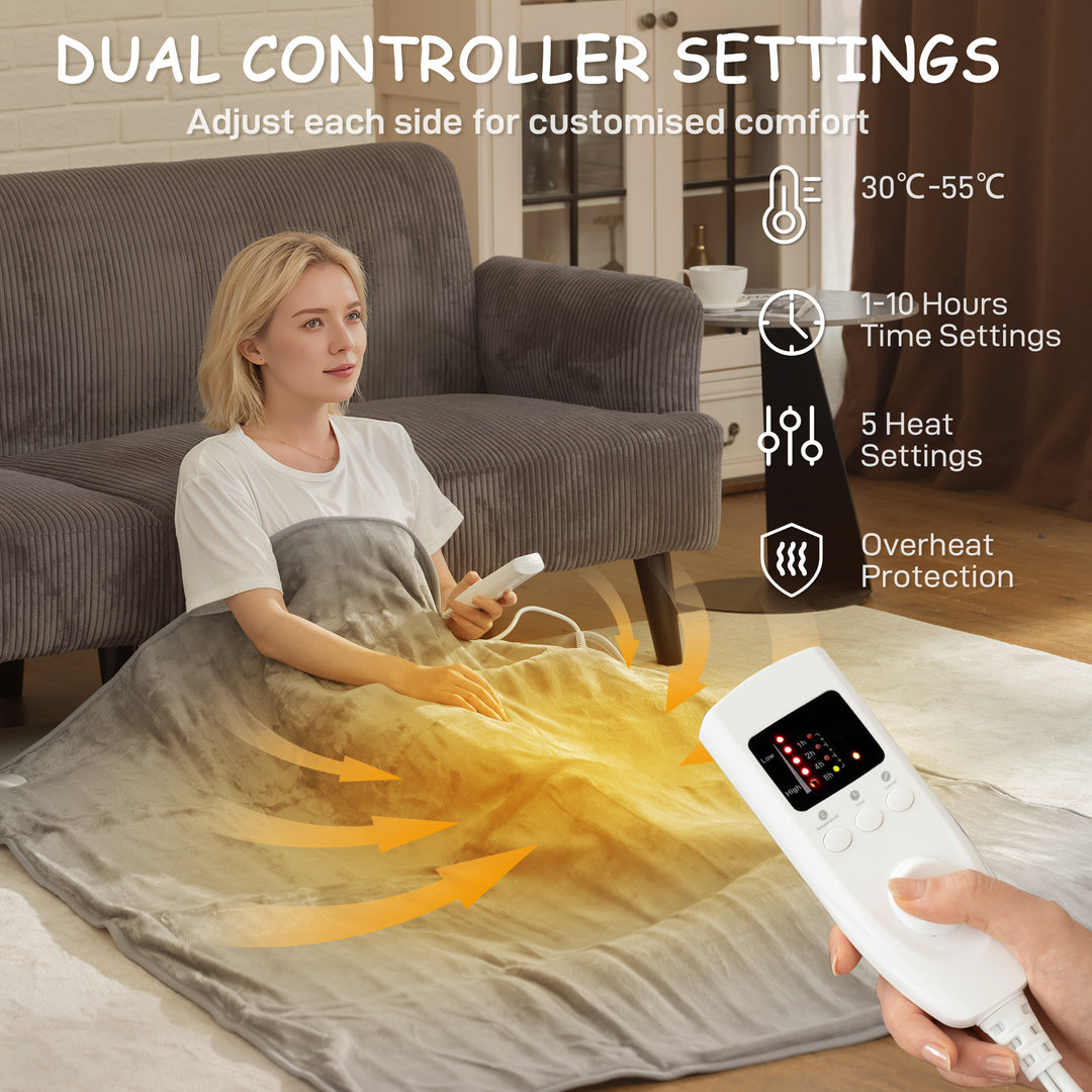 MCL Electric Blanket with Dual Controllers, Machine Washable Heated Throw Blanket with Ultra Soft Flannel Fabric, 5 Heating Levels, 10 Hour Timer, Grey