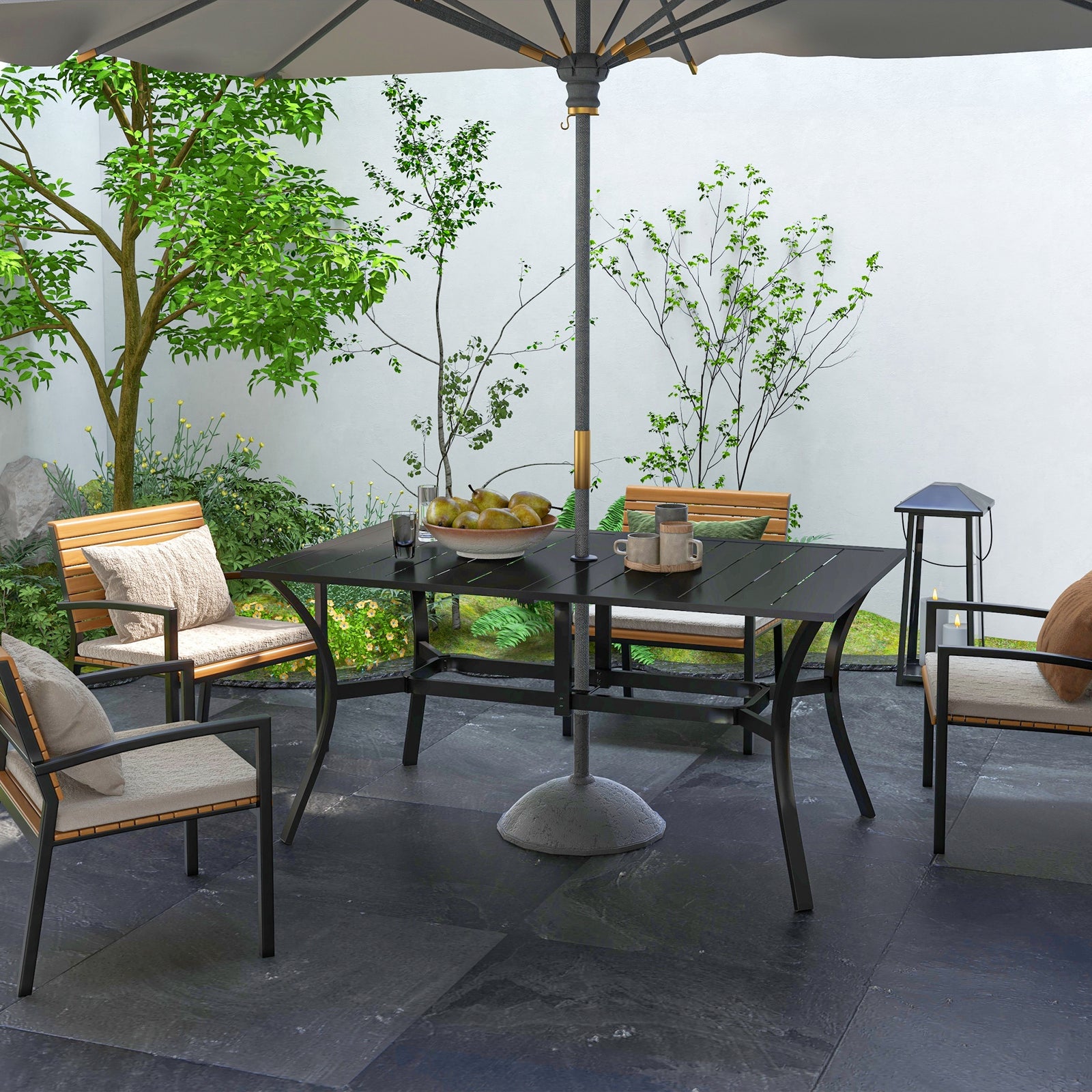 Rectangle Garden Dining Table with Parasol Hole, Patio Table with Steel Frame and Slat Tabletop, 150cm x 90cm, Black