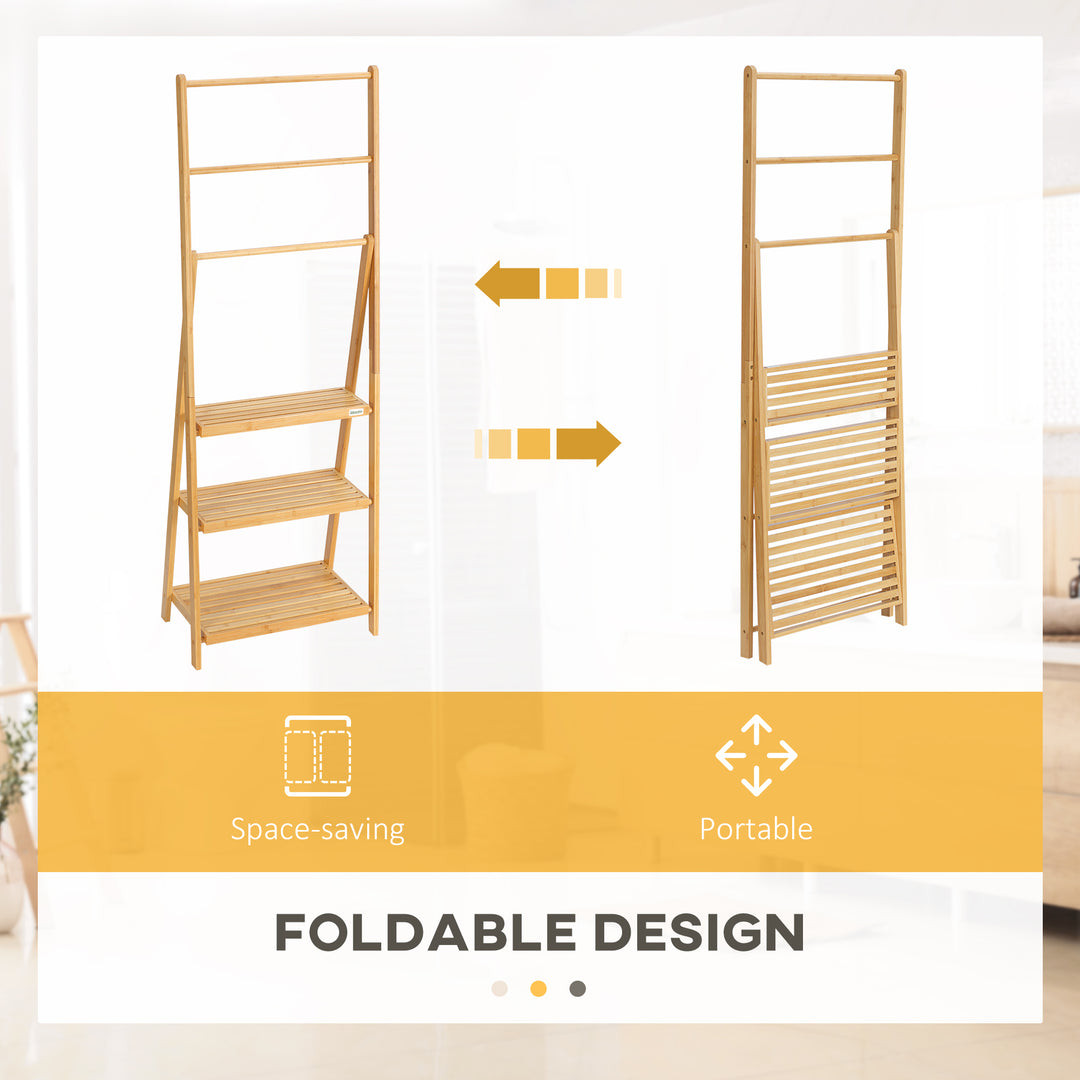Freestanding Natural Bamboo Towel Rack with 3 Towel Rails and 3 Storage Shelves, Space-Saving Foldable Towel Holder for Bathroom