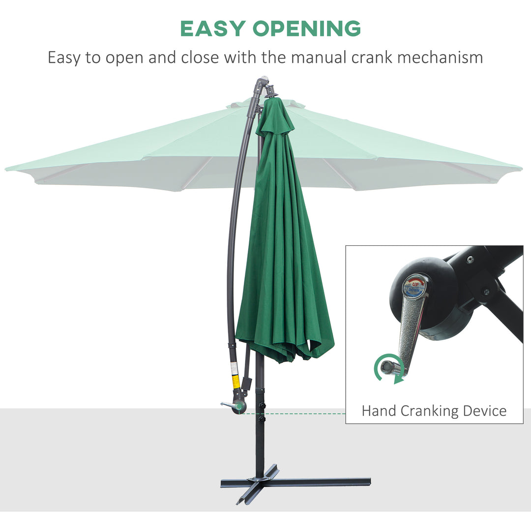 Outsunny Waterproof Banana Cantilever Parasol: 3m Hanging Umbrella with Crank & Cross Base, Outdoor Sun Shelter, Verdant Green | Aosom UK