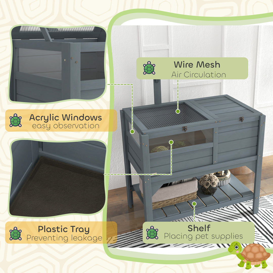 Wooden Tortoise House, with Shelter, Run, Shelf, Lamp Holder, Tray, Grey